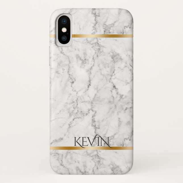 Grey Faux Marble Texture Gold Accent Monogram Case-Mate iPhone Case (Back)