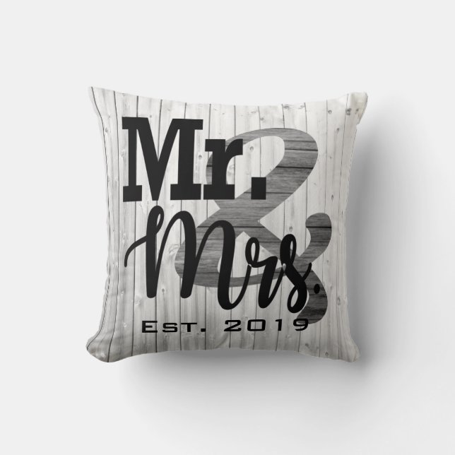 Grey Faux Wood Mr. and Mrs. Wedding Pillow (Front)