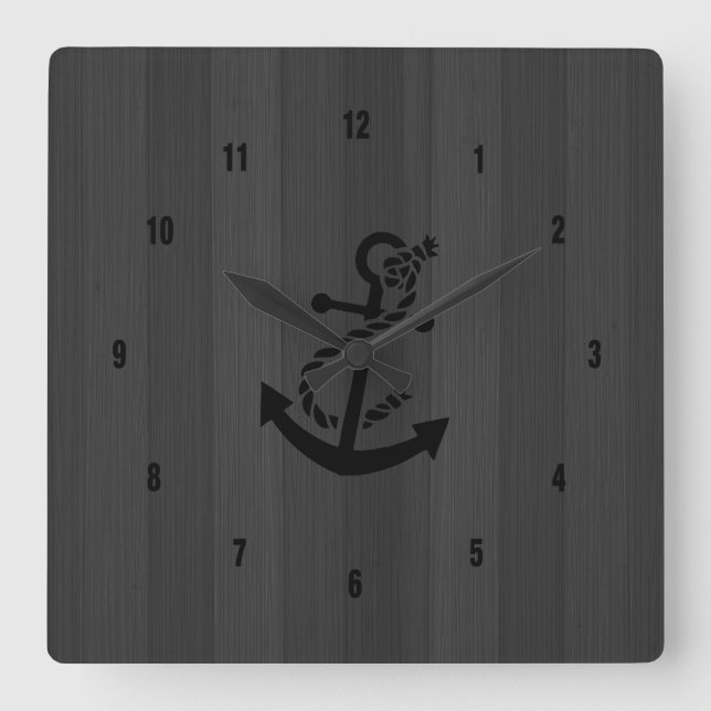 Grey Faux Wood Planks Black Anchor Square Wall Clock (Front)