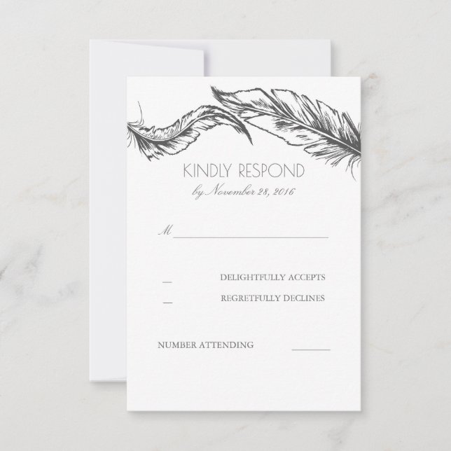 Grey Feathers White Elegant Wedding RSVP (Front)
