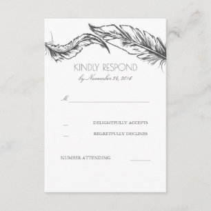 Grey Feathers White Elegant Wedding RSVP Card