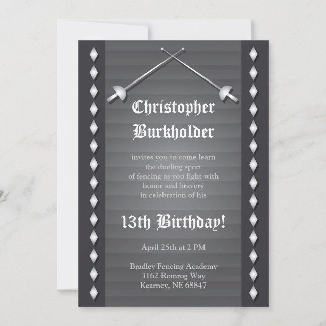Grey Fencing Birthday Party Invitation (Front)