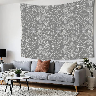 Grey fibrous textile octopus seeds patterned tapestry