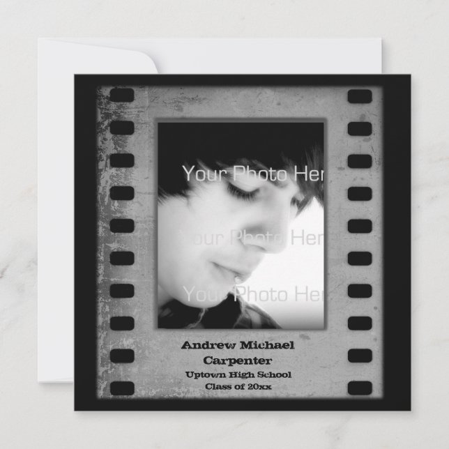 Grey Film Strip Grunge Photo Card Invitation (Front)