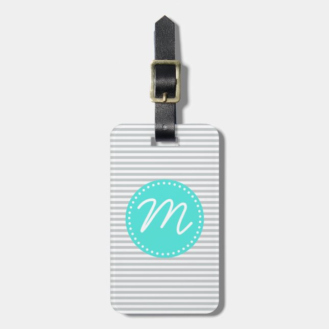 Grey Fine Stripe with Turquoise Monogram Luggage Tag (Front Vertical)