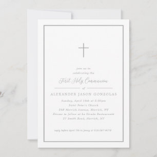 Grey First Holy Communion Pink Cross Simple Frame Invitation
