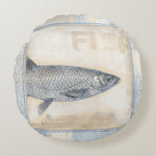 Grey Fish on Beige Background Round Cushion