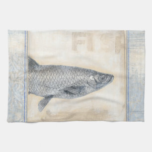 Grey Fish on Beige Background Tea Towel