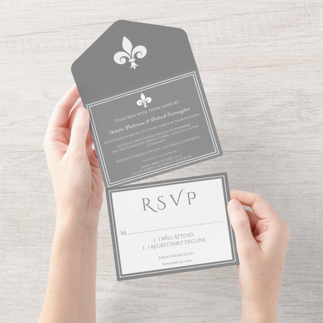 Grey Fleur de Lis All in One Wedding Invite (Tearaway)