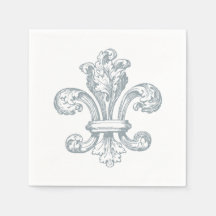 Grey Fleur de Lis on white background paper napkin