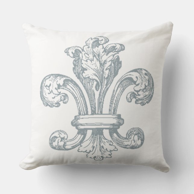 Grey Fleur de Lis on white throw pillow (Front)
