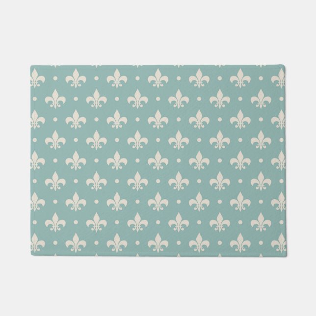 Grey Fleur De Lis pattern on turquoise background Doormat (Front)