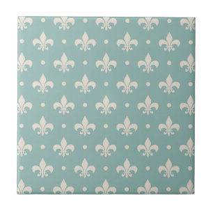 Grey Fleur De Lis pattern on turquoise background Tile