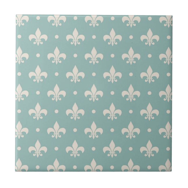Grey Fleur De Lis pattern on turquoise background Tile (Front)
