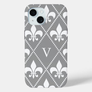 Grey Fleur de Lis w/ monogram iPhone 15 Case