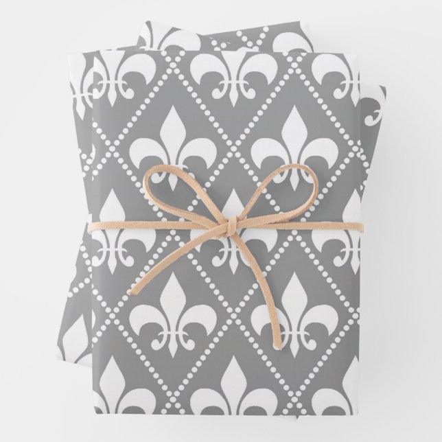 Grey Fleur de Lis Wrapping Paper Sheet (In situ)