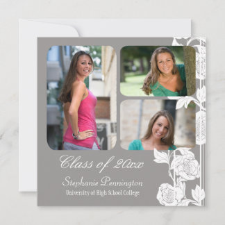 Grey floral 3 photo graduation party announcement