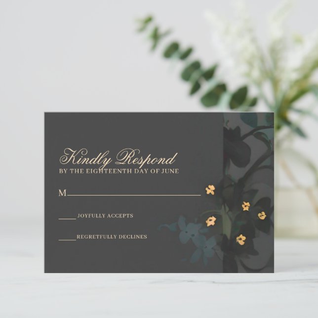 Grey Floral Abstract Moody Bohemian Handfasting RSVP Card (Standing Front)