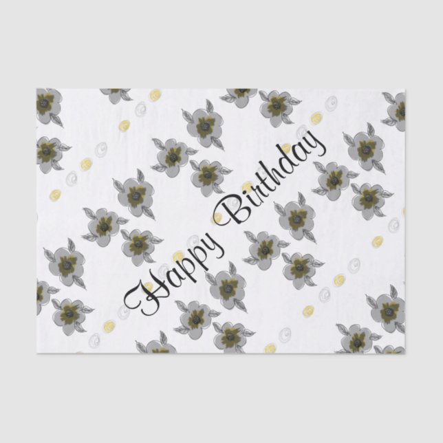 Grey Floral Birthday Tissue Tissue Paper (Front)