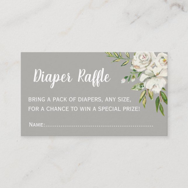 Grey Floral Chic Baby Shower Diaper Raffle Tickets Enclosure Card (Front)