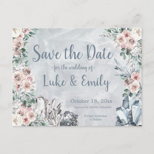 Grey Floral & Crystals Wedding Save the Date Postcard (Front)