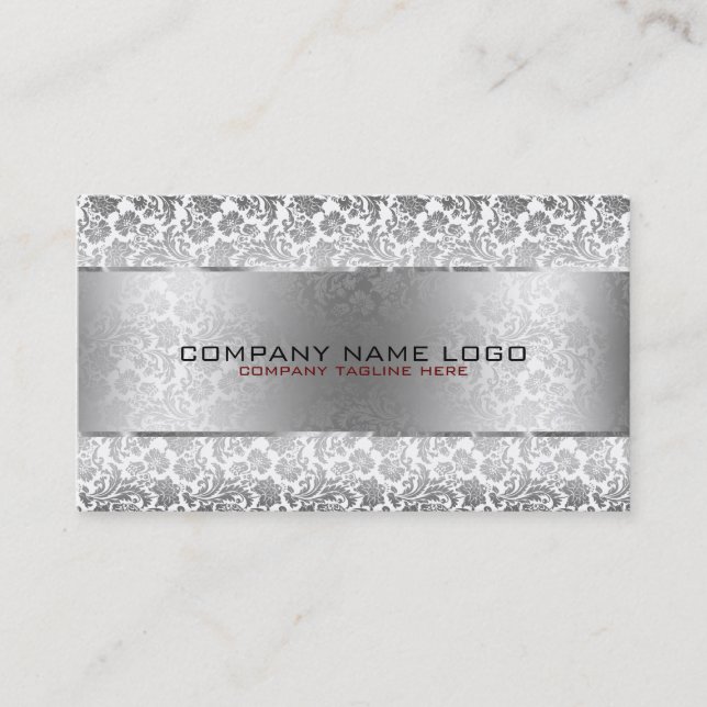 Grey Floral Damasks & Metallic Silver On White Business Card (Front)