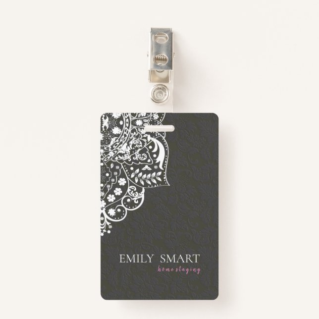 Grey Floral Damasks White Lace ID Badge (Front with Clip)