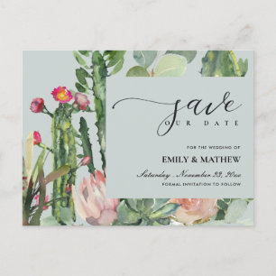 GREY FLORAL DESERT CACTI FOLIAGE SAVE THE DATE ANNOUNCEMENT POSTCARD