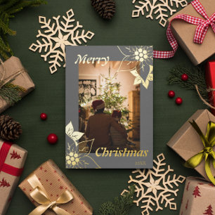 Grey Floral Elegant Merry Christmas Portrait Photo Foil Holiday Card