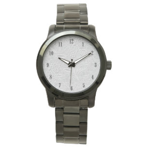 Grey Floral Embossed Look Black Numbers Watch