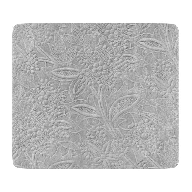 Grey Floral Embossed Look Glass Cutting Board (Front)