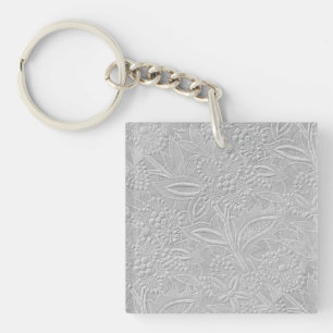Grey Floral Embossed Look Key Ring