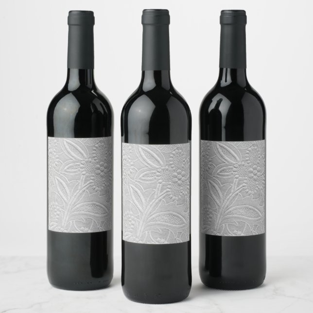 Grey Floral Embossed Look Wine Label (Bottles)