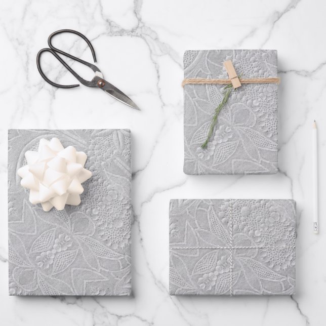 Grey Floral Embossed Look Wrapping Paper Sheet (Front)