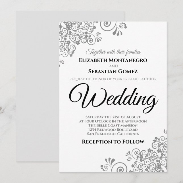 Grey Floral Filigree Elegant Chic Wedding Invitation (Front/Back)