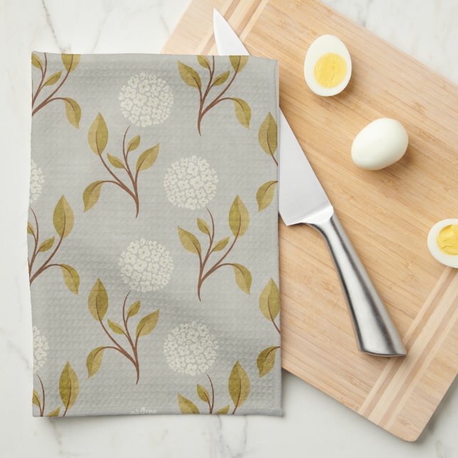 Grey Floral Hydrangea Tea Towel (Quarter Fold)