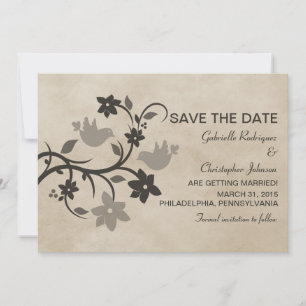 Grey Floral Lovebirds Save the Date Invite