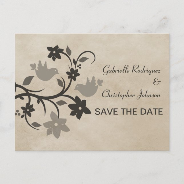 Grey Floral Lovebirds Save the Date Postcard (Front)