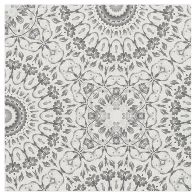 Grey Floral Mandala Pattern Fabric (Close Up)
