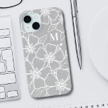 Grey Floral Monogram iPhone 15 Case<br><div class="desc">Girly Chic Grey Floral Monogram Initial iPhone 15 Case. A fun but elegant phone case with girly grey and white flower outlines. A playful flower pattern frames a chic serif font simple initial monogram. The fun part is you can change out ALL of the colours!! You can not only change...</div>