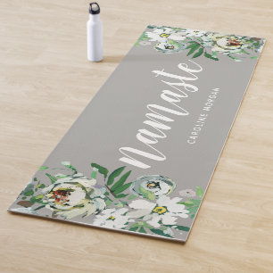 Grey Floral Namaste Monogrammed Yoga Mat