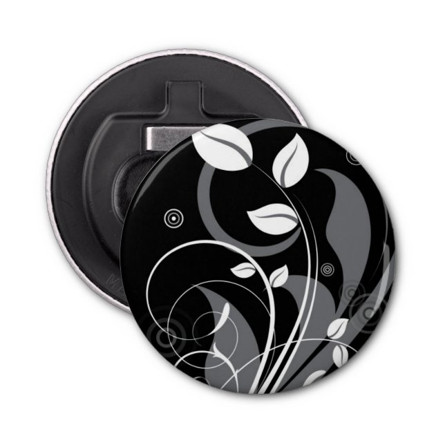 Grey Floral Pattern on Black Bottle Opener (Front)
