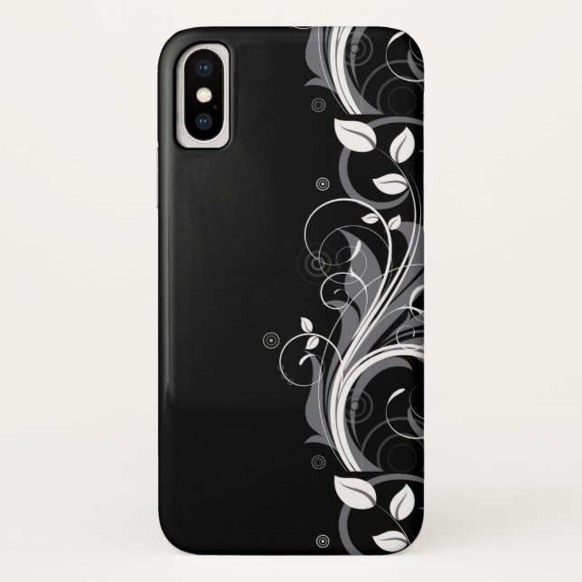 Grey Floral Pattern on Black Case-Mate iPhone Case (Back)