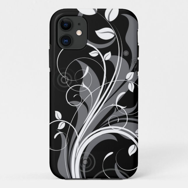Grey Floral Pattern on Black Case-Mate iPhone Case (Back)