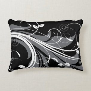 Grey Floral Pattern on Black Decorative Cushion