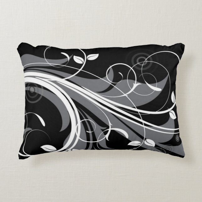 Grey Floral Pattern on Black Decorative Cushion (Front)