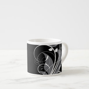 Grey Floral Pattern on Black Espresso Cup
