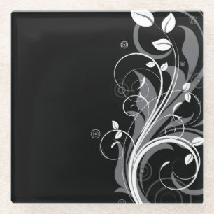 Grey Floral Pattern on Black Glass Coaster