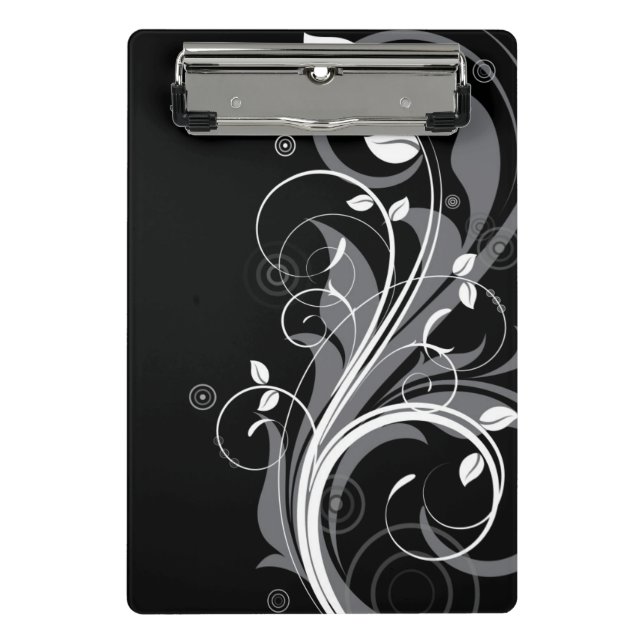 Grey Floral Pattern on Black Mini Clipboard (Front)