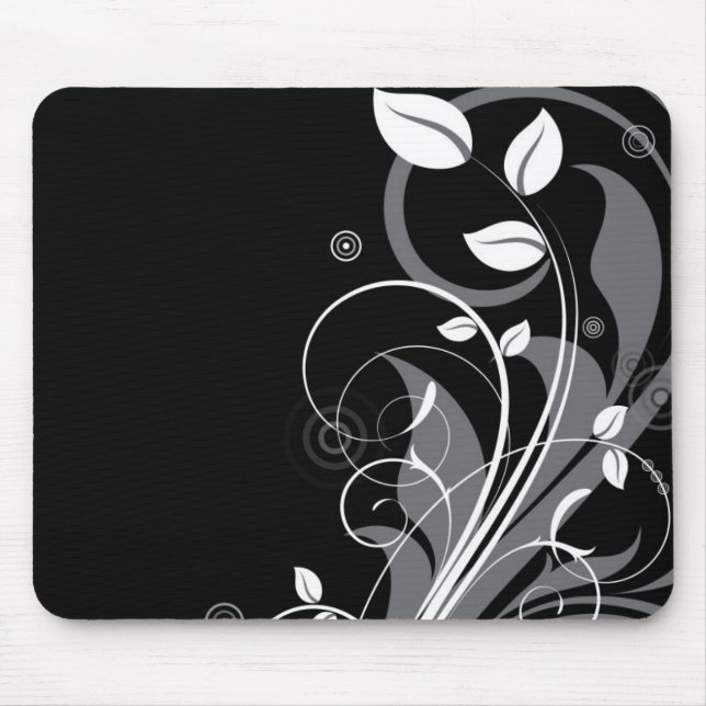 Grey Floral Pattern on Black Mouse Mat (Front)